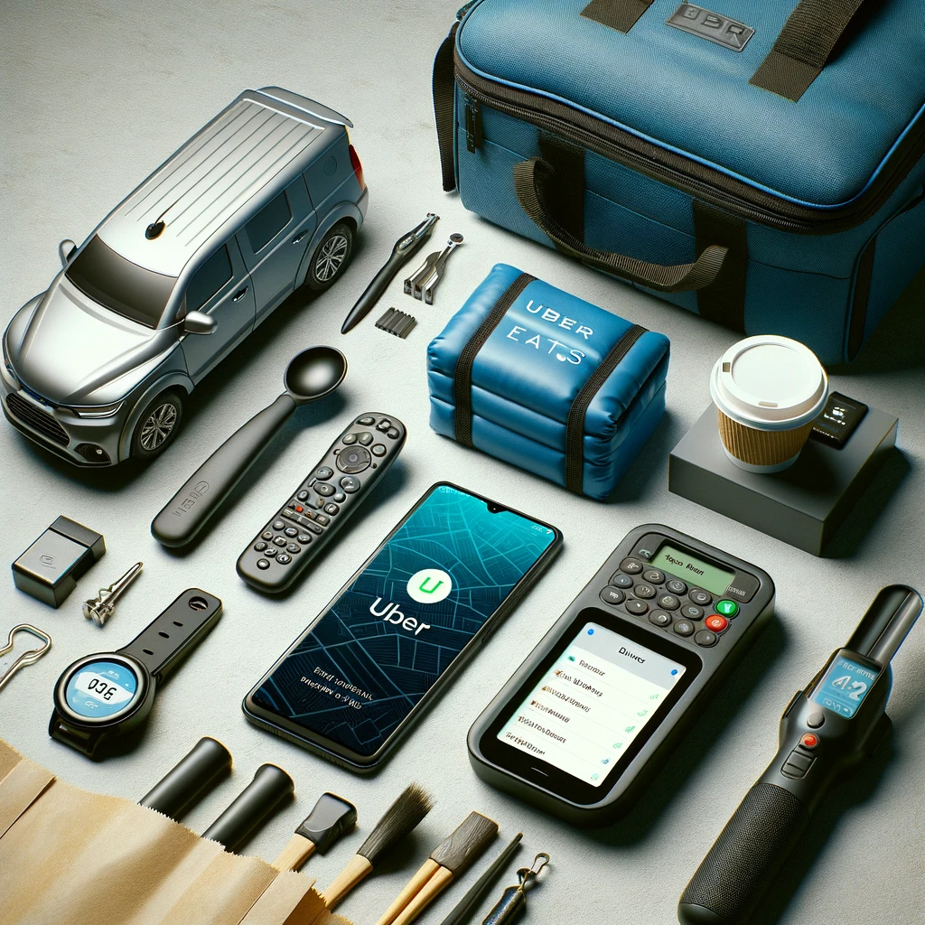 Essential Tools And Gadgets For Uber Eats Drivers:
A collection of gadgets and tools (smartphone, thermal bags, GPS device) laid out, essential for Uber Eats drivers to perform their deliveries effectively.