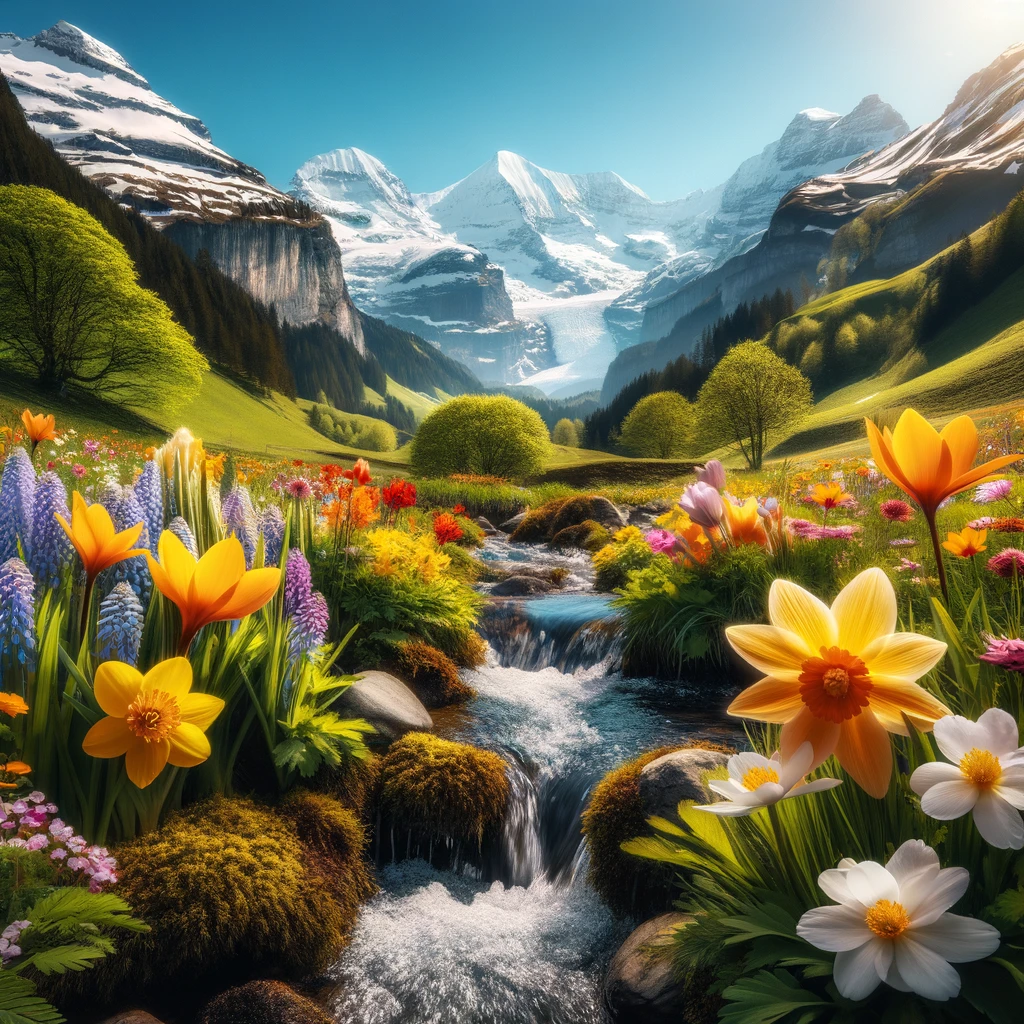 A serene scene capturing the vibrant and lively essence of spring in the Swiss Alps.