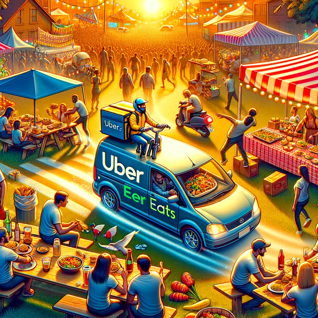 Impact Of Local Dynamics:
A depiction of a local festival or sports event in a community, with an Uber Eats driver delivering food to customers in the area. This image illustrates how local events can surge delivery demands.