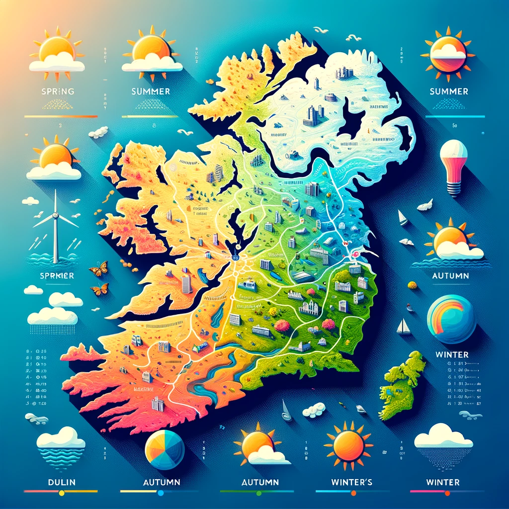 An Overview Of Dublin’s Climate: A weather map of Dublin highlighting the island's temperate climate and the four distinct seasons.