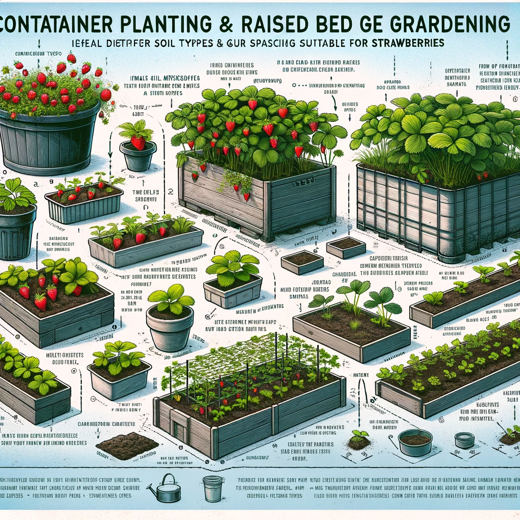 Tips for container planting and raised bed gardening for strawberries, showing different container types and designs.