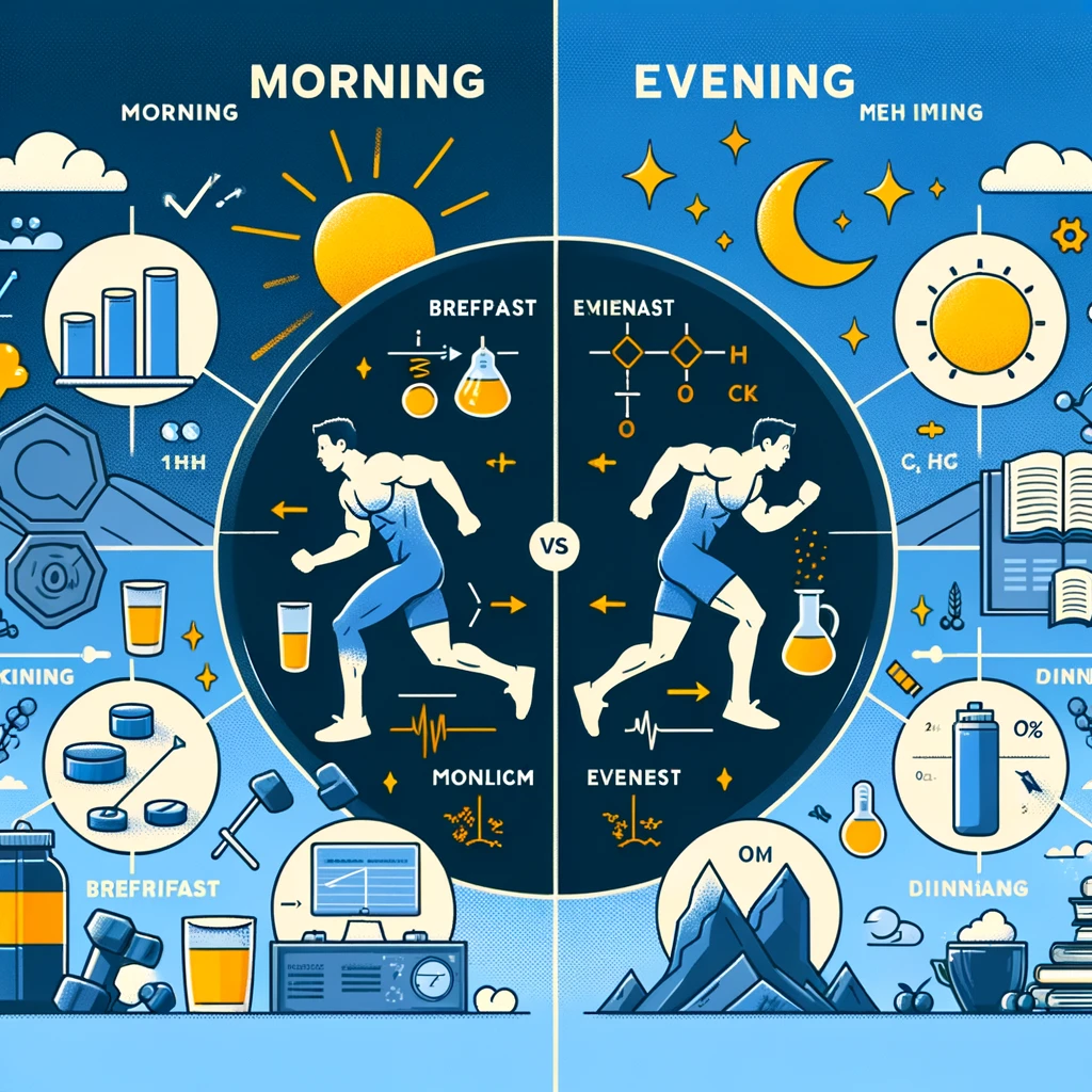 An illustration comparing the effects of taking creatine in the morning versus the evening.