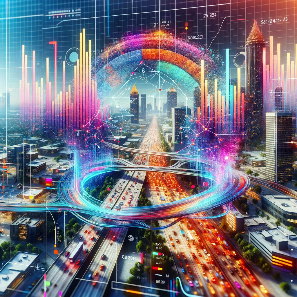 Provides a data-driven insight into Atlanta's traffic patterns with abstract representations of traffic flow maps and congestion heatmaps.