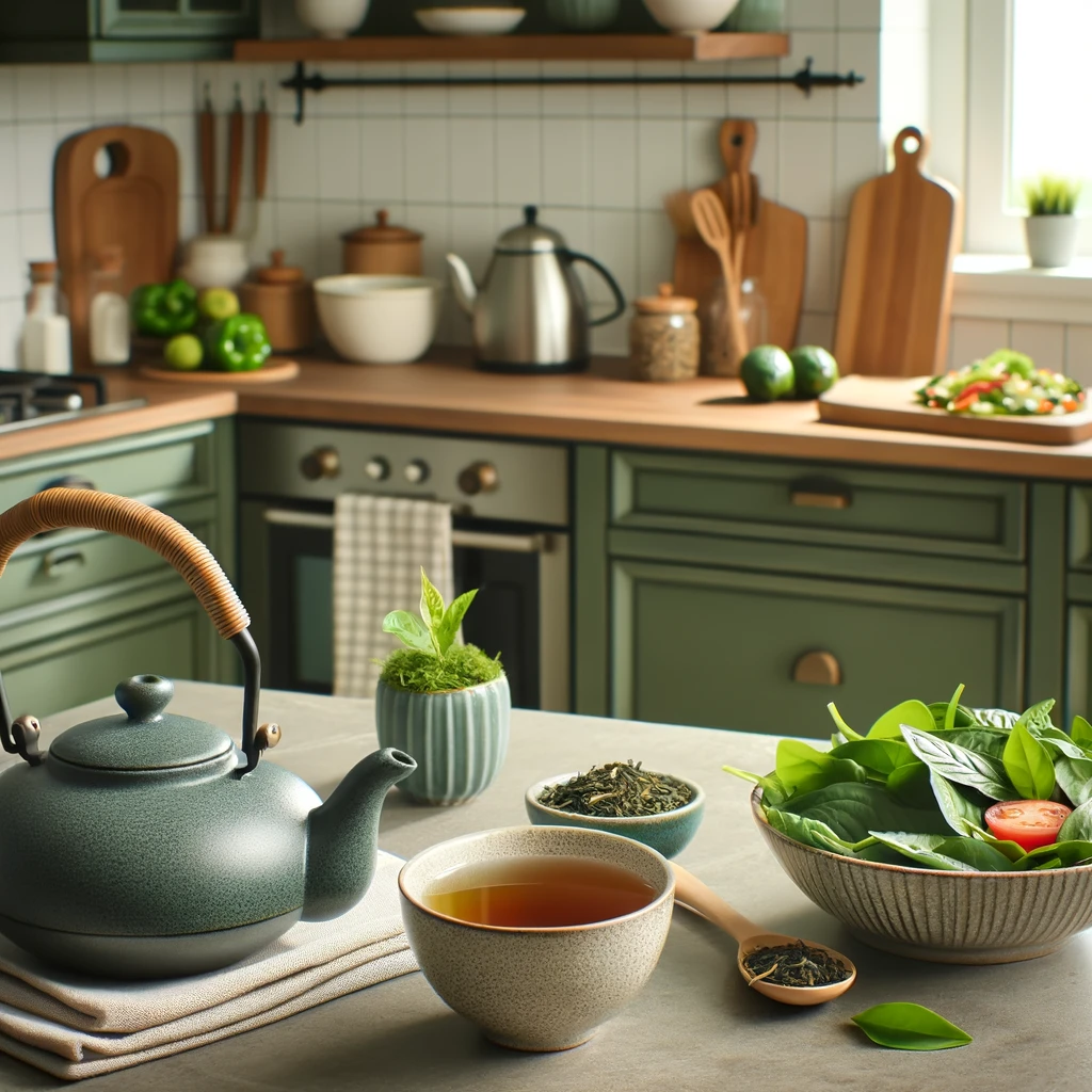 Practical Tips For Incorporating Green Tea Into Your Diet:
A kitchen scene with green tea leaves, a teapot, and a cup of brewed tea on the counter, alongside a healthy meal, suggesting integration into daily routine.