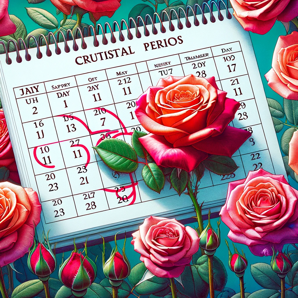 Optimal Transplantation Timing - A visual of a calendar with specific dates circled or highlighted, with a backdrop of blooming roses to signify the optimal times for transplanting roses.