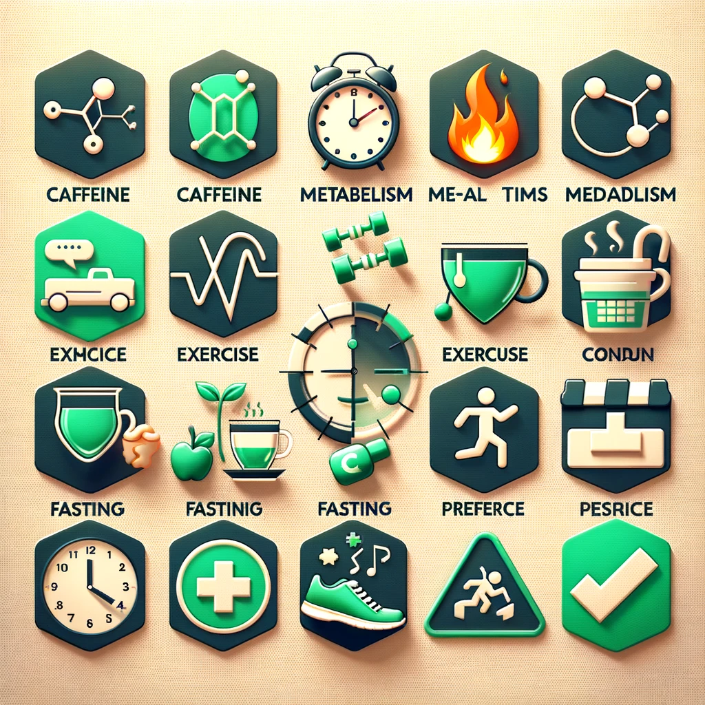 Factors Influencing Timing:
A collage of icons representing each factor: a caffeine molecule, a flaming metabolism icon, a clock with meal times, sneakers for exercise, a fasting icon, a preference checkbox, and a medical cross for health conditions.