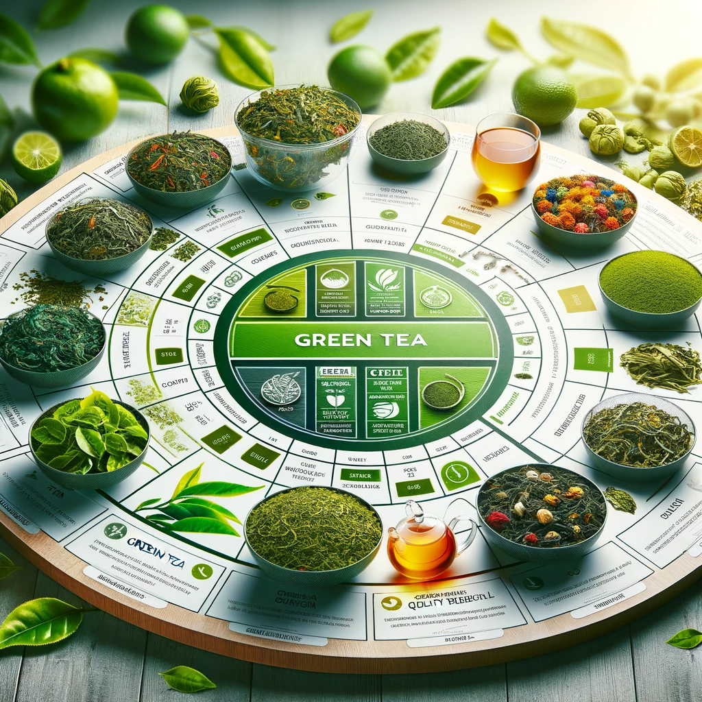 Choosing The Right Green Tea: Quality Matters:
A selection of green tea varieties on display, highlighting different leaves and colors to show quality variety.