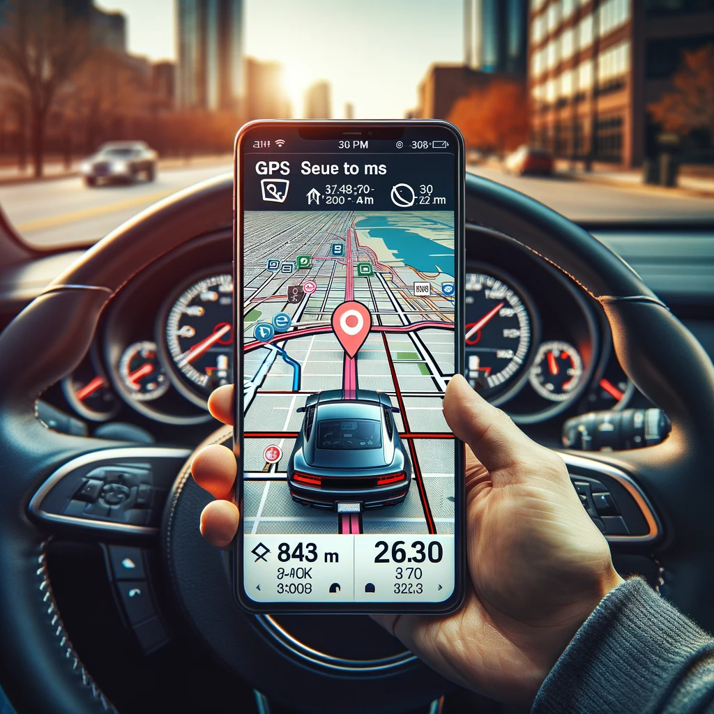 Navigating Through Chicago: Essential Driving Techniques: Showcases a car using a GPS navigation app, emphasizing modern navigation aids.