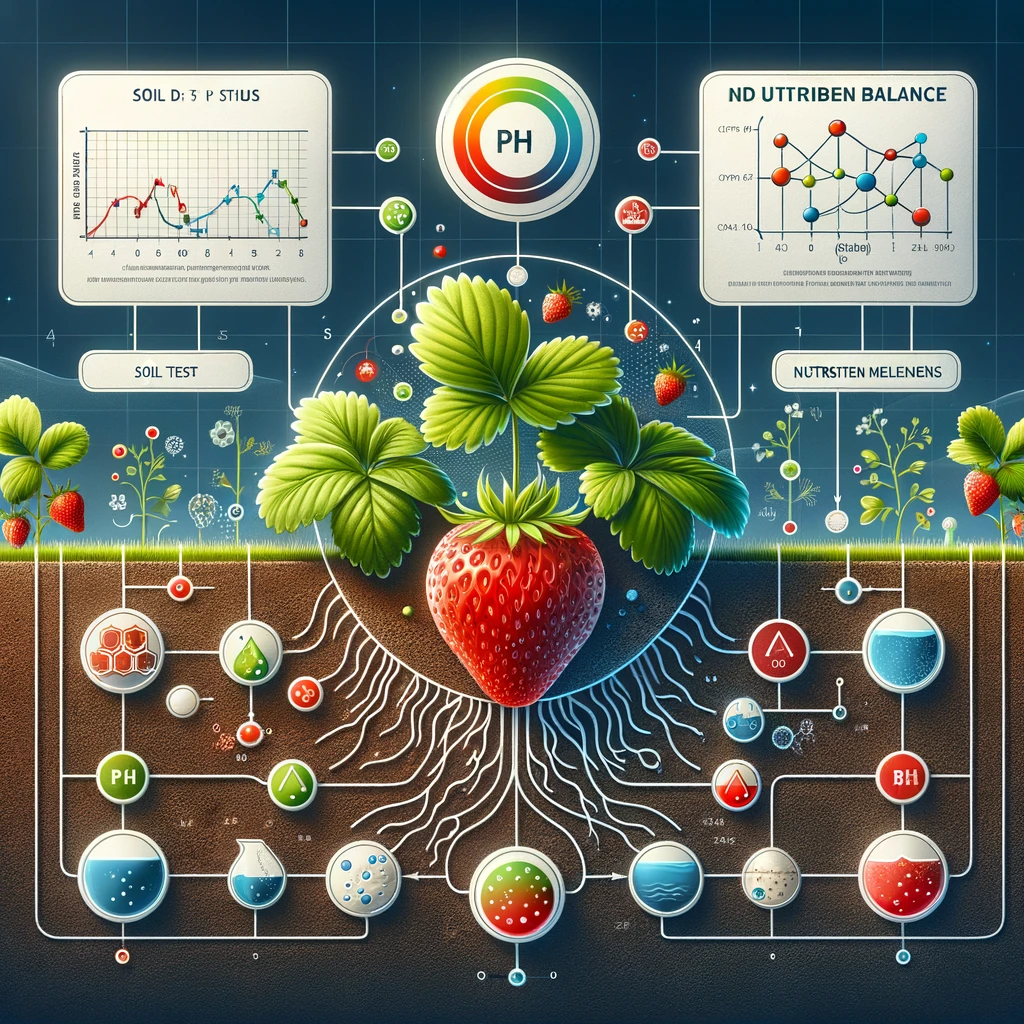 An infographic explaining the importance of soil pH and nutrient balance for strawberry plants.