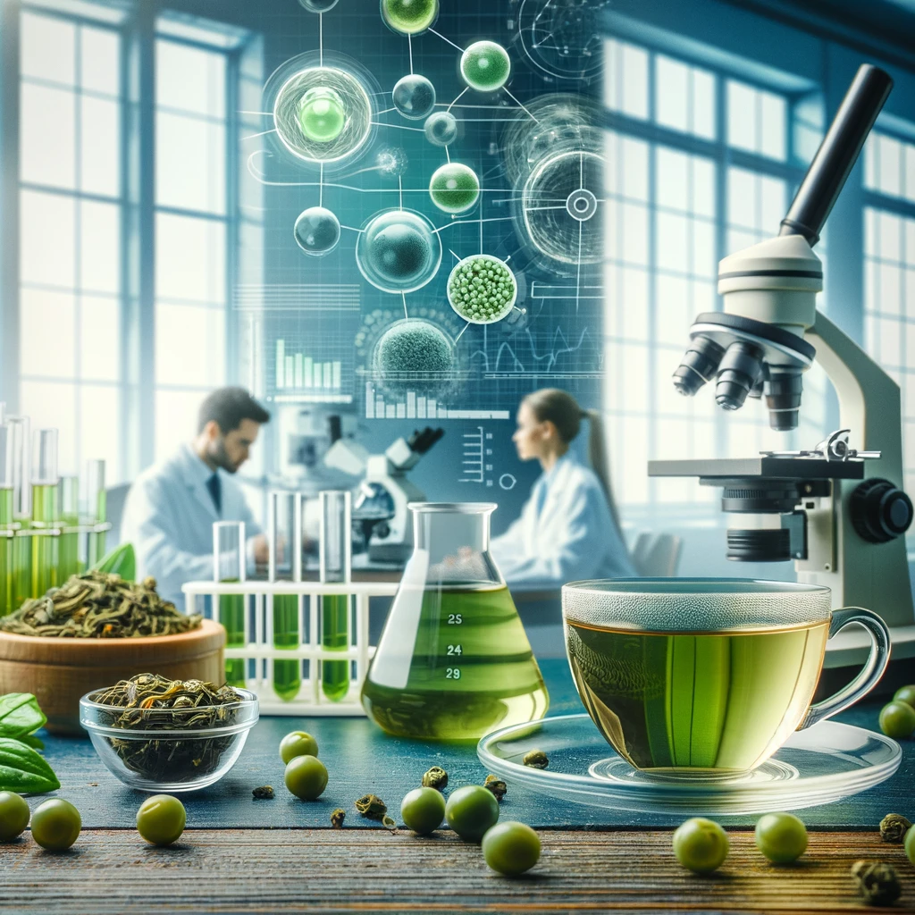 The Science Behind Green Tea And Weight Loss:
A laboratory setting with a cup of green tea in the foreground. Scientists are analyzing the components of green tea in the background with test tubes and microscopes.